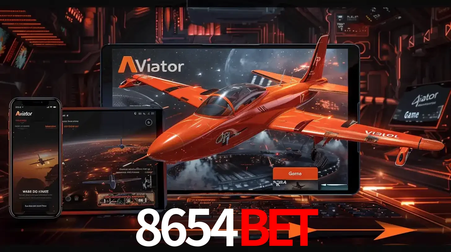 Apresentação tecnológica do jogo Aviator com um avião saindo da tela de um tablet, demonstrando a experiência imersiva em múltiplos dispositivos no 8654BET.