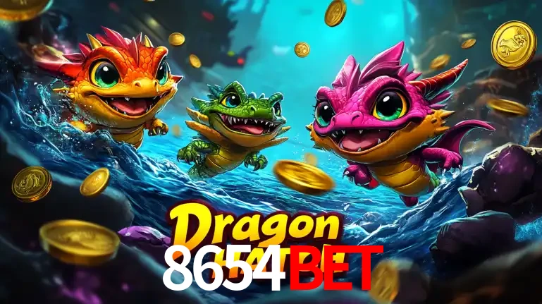 Arte promocional do jogo Dragon Hatch com três adoráveis dragões bebês nadando entre moedas de ouro, um dos slots mais divertidos para jogar no cassino 8654BET.