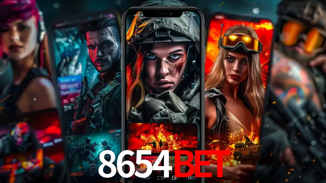 Montagem de telas de celular mostrando diversos personagens, masculinos e femininos, de um jogo de tiro, ilustrando a diversidade de equipes de e-sports para apostar no 8654BET.