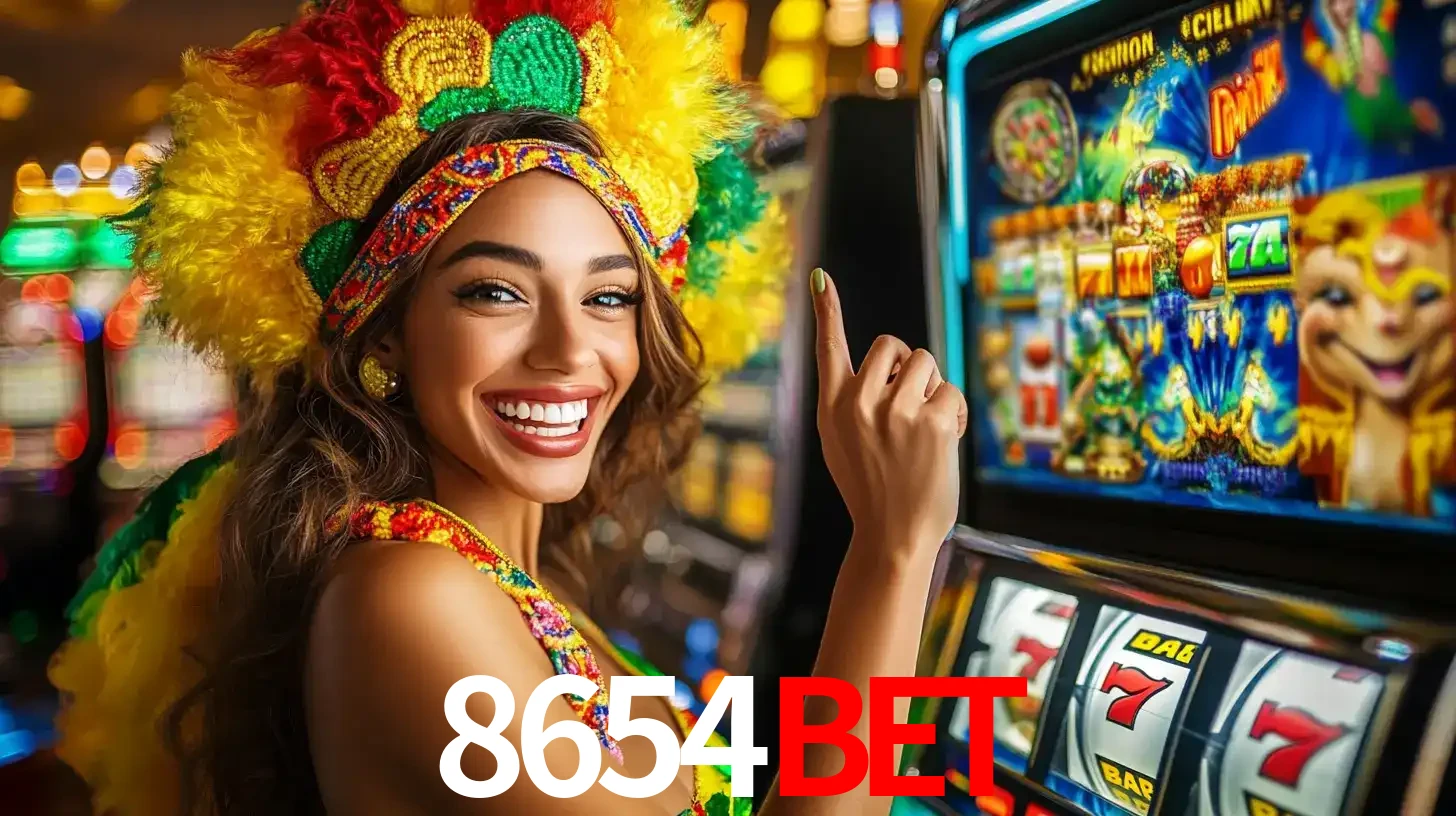 Mulher animada com um cocar de carnaval apontando para uma máquina de caça-níqueis, mostrando a emoção de ganhar um grande prêmio nos jogos do 8654BET.