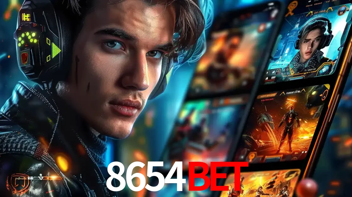 Jovem jogador com fones de ouvido olhando para a câmera, com um aplicativo de jogos e e-sports para celular ao fundo, pronto para a competição e apostas no 8654BET.