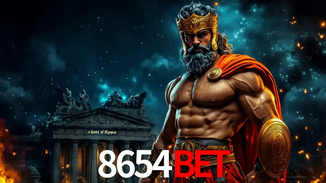 O poderoso Zeus do jogo de slot Gates of Olympus em frente ao seu templo, pronto para lançar multiplicadores divinos e prêmios épicos no cassino online 8654BET.