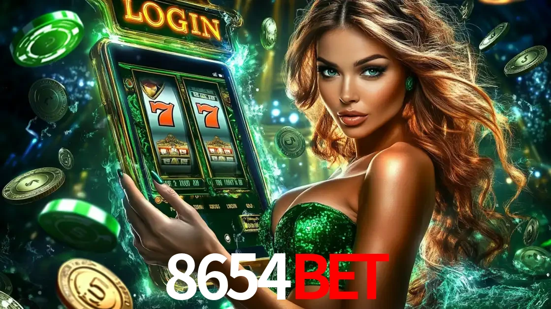 Mulher com tema verde apresentando o aplicativo do cassino 8654BET com um jogo de slot de 777, cercada por fichas de cassino e uma aura de sorte.