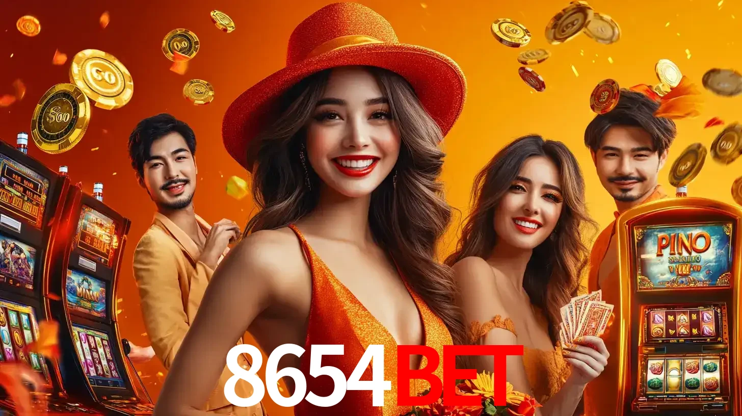 Grupo de amigos asiáticos sorrindo e se divertindo com máquinas de caça-níqueis em um ambiente festivo, celebrando suas vitórias nos jogos de cassino do 8654BET.