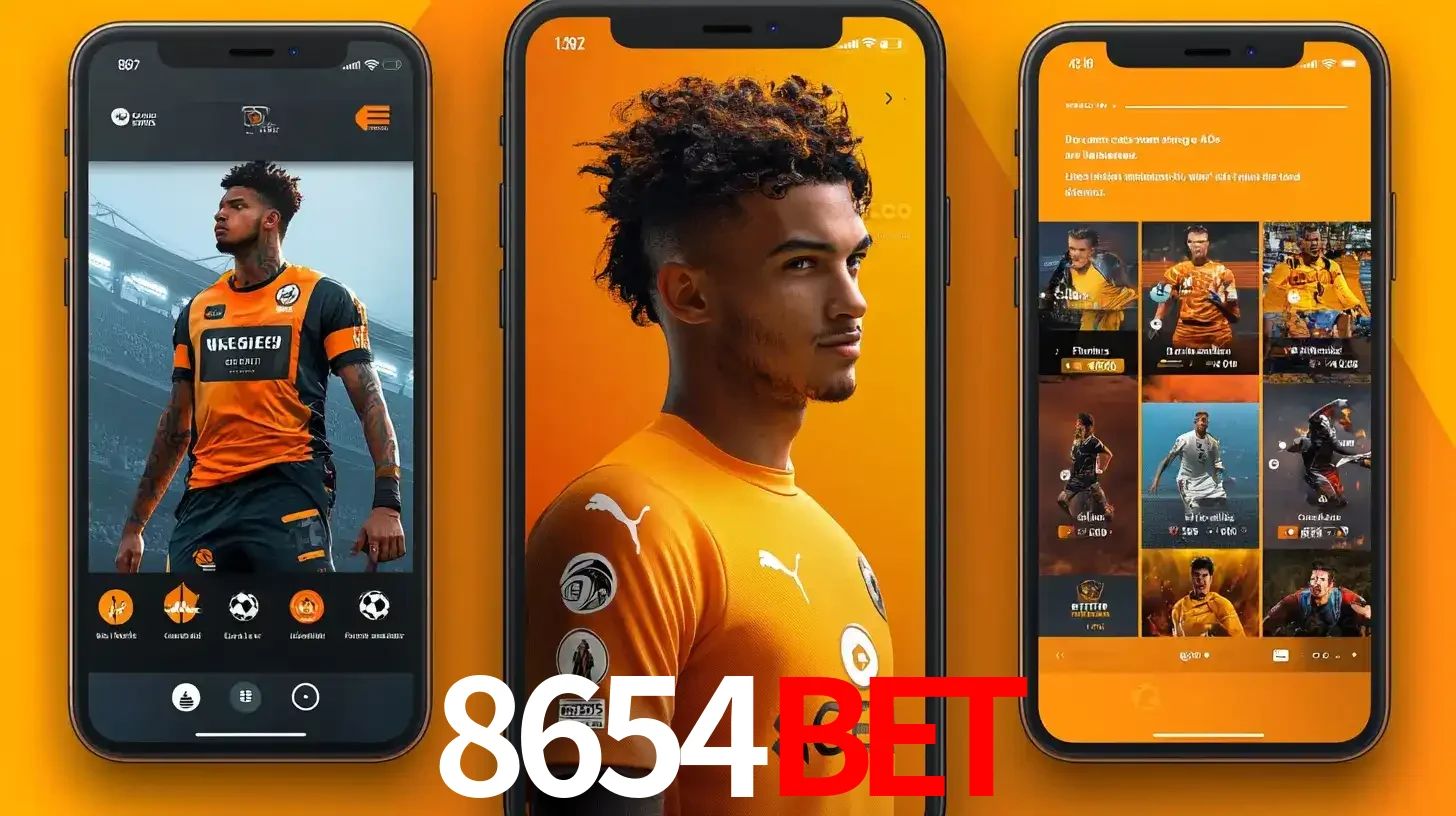 Interface do aplicativo de apostas esportivas 8654BET em três telas de celular, mostrando o perfil de um jogador de futebol e a lista de jogos disponíveis para apostar.
