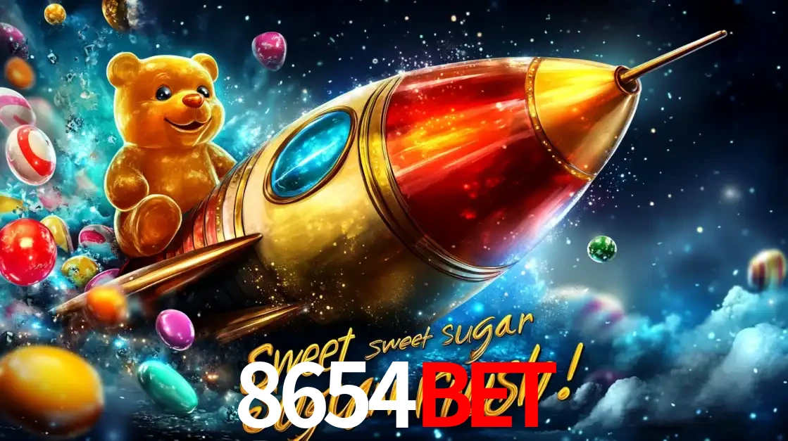 Arte promocional do jogo de slot Sugar Rush, com um urso de pelúcia em um foguete viajando pelo espaço de doces, um dos jogos divertidos disponíveis no cassino 8654BET.