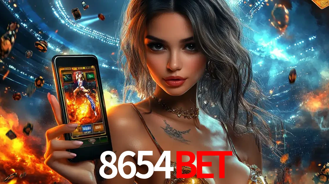 Mulher segurando um celular com um jogo de slot em destaque, tendo como fundo um estádio vibrante, simbolizando a emoção de jogar no cassino móvel 8654BET.