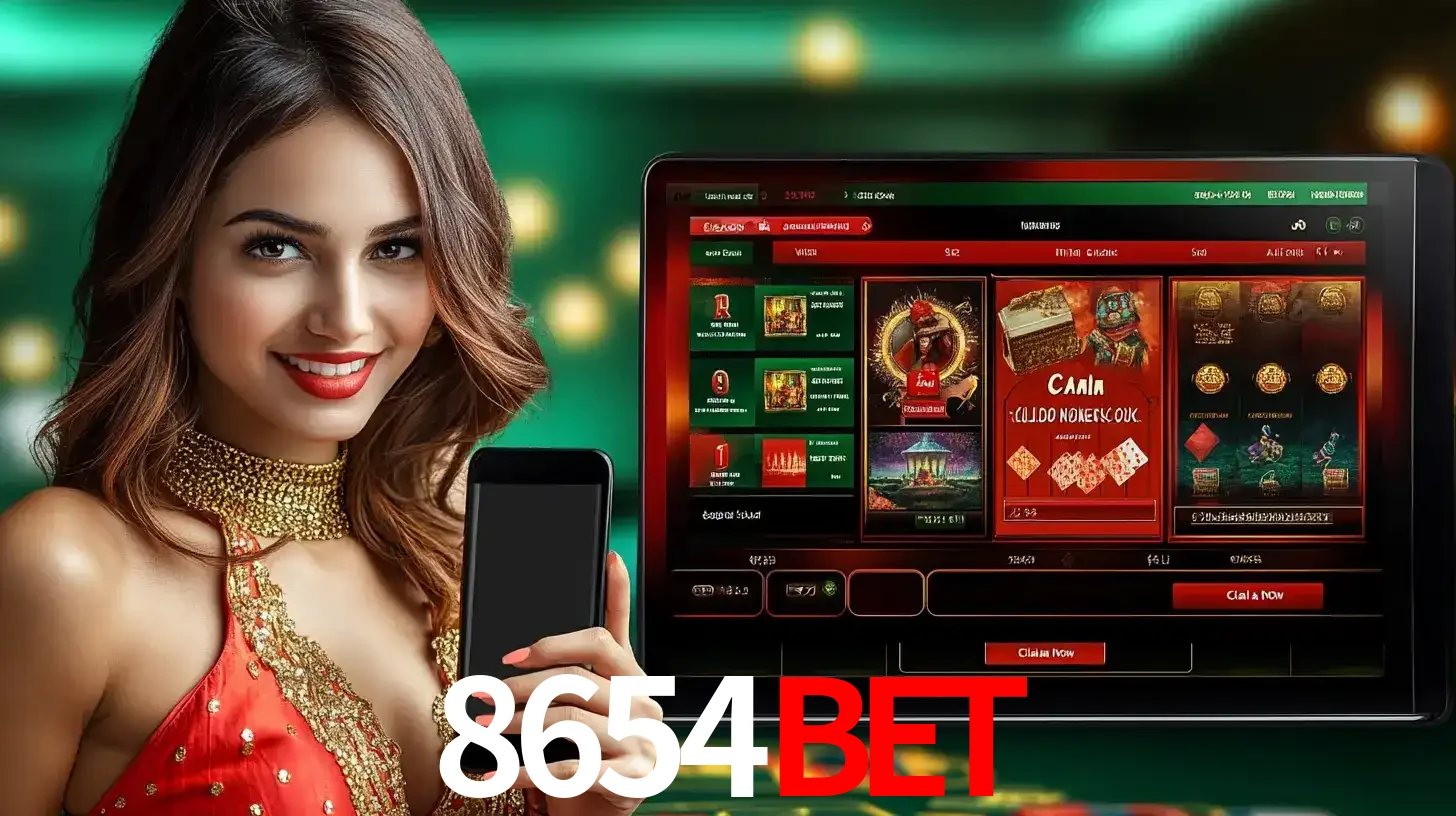 Mulher sorridente segurando um smartphone, ao lado de uma tela exibindo o lobby de jogos do cassino online 8654BET, com várias opções de jogos de cartas e slots.